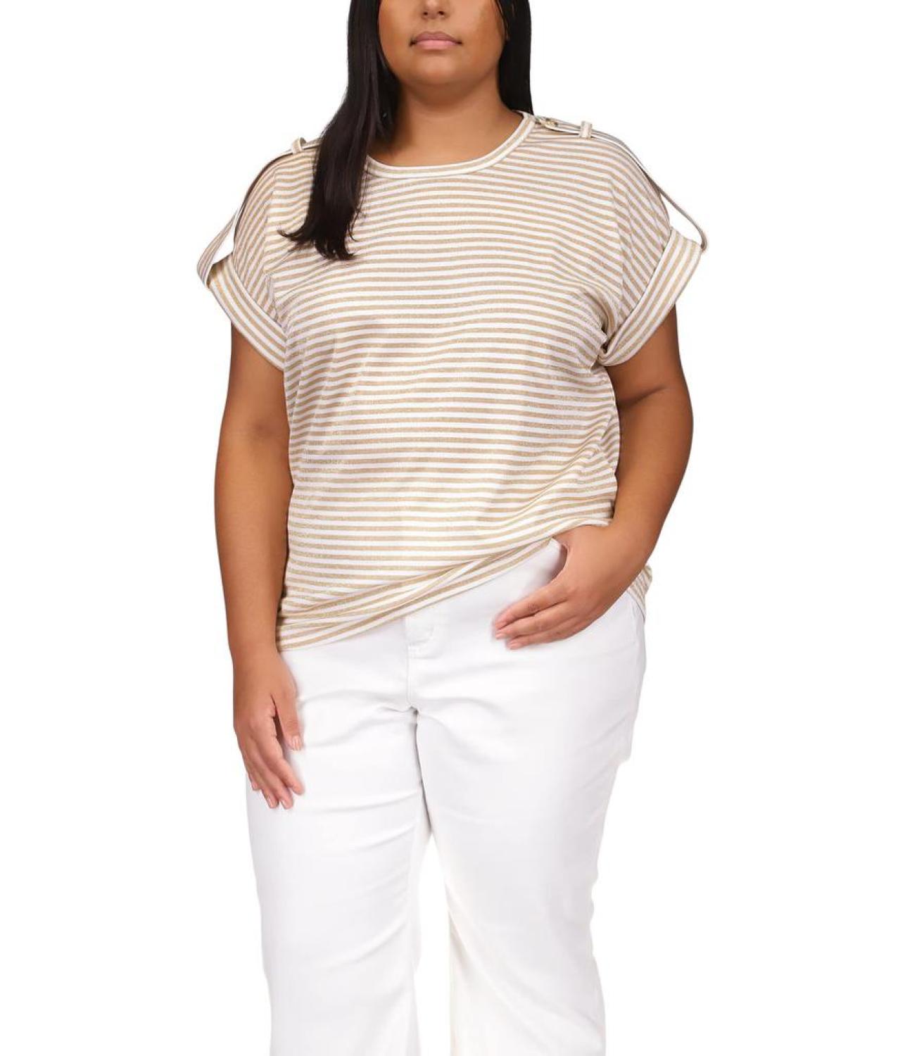 Plus Size Stripe Snap Epaulette T-Shirt