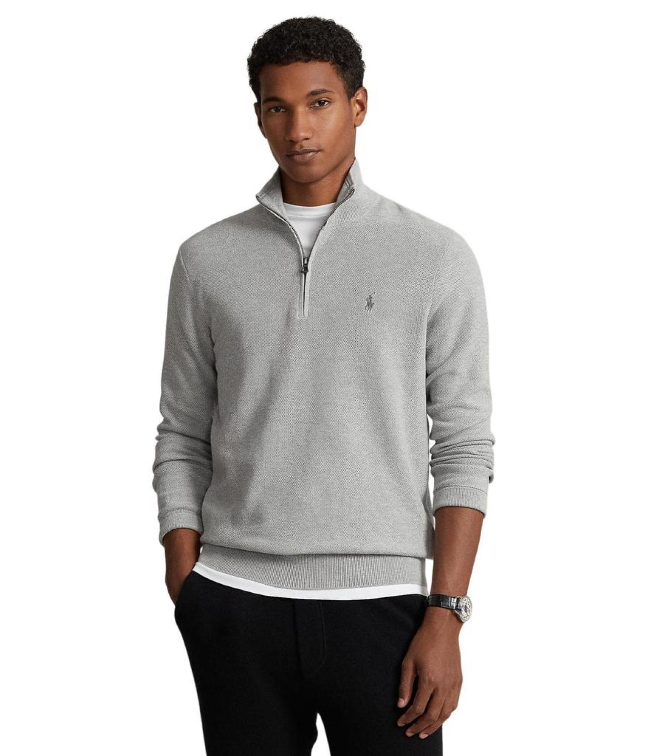 Mesh-Knit Cotton 1/4 Zip Sweater