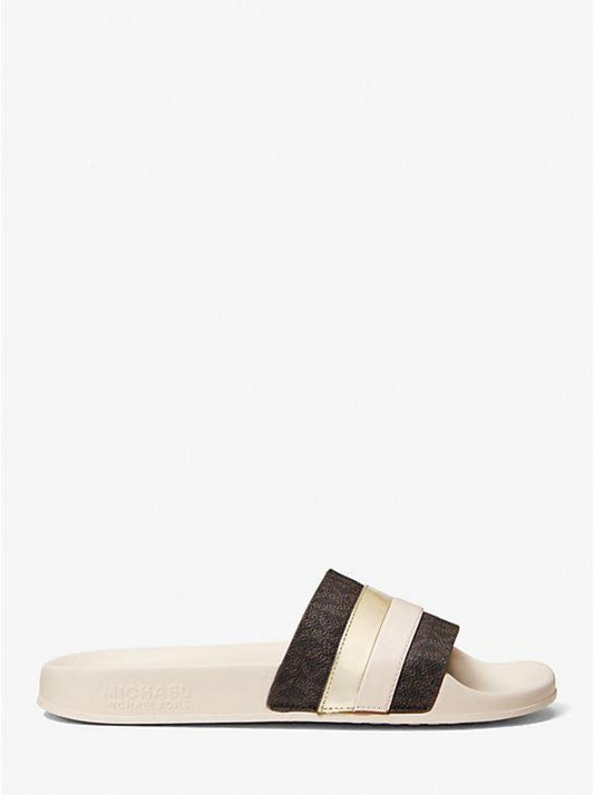 Brandy Metallic Striped Logo Slide Sandal