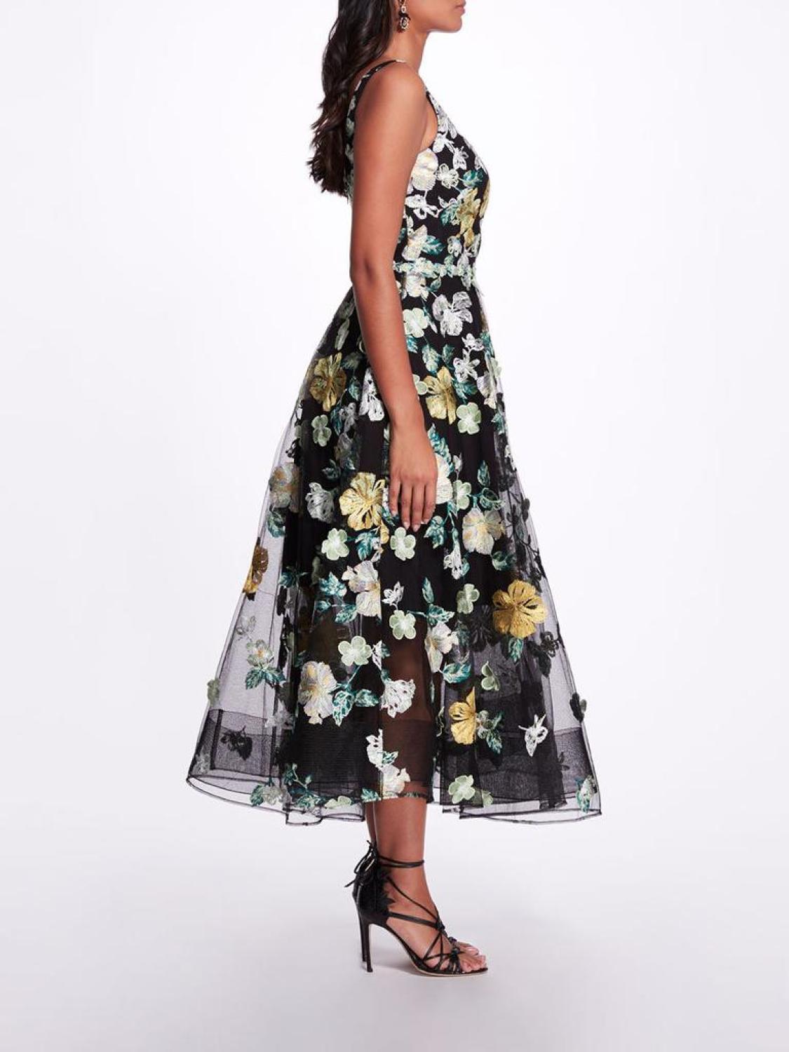 Embroidered Floral Tea Length Gown