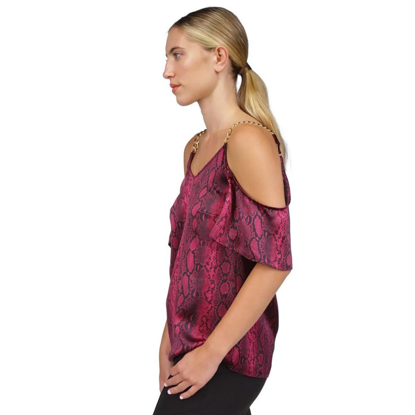Women's Snakeskin-Print Cold-Shoulder Chain Top