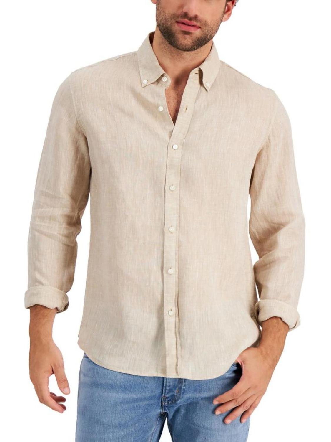 Mens Linen Slim Fit Button-Down Shirt