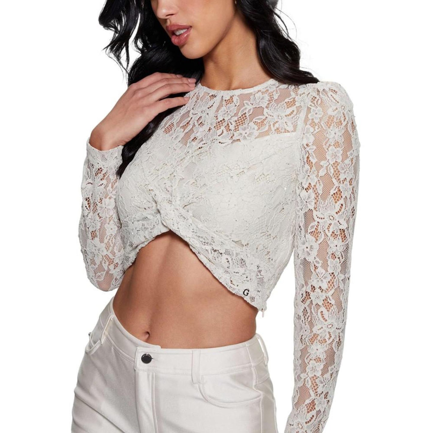 Women's Ariel Lace Twist-Front Long-Sleeve Cropped Top