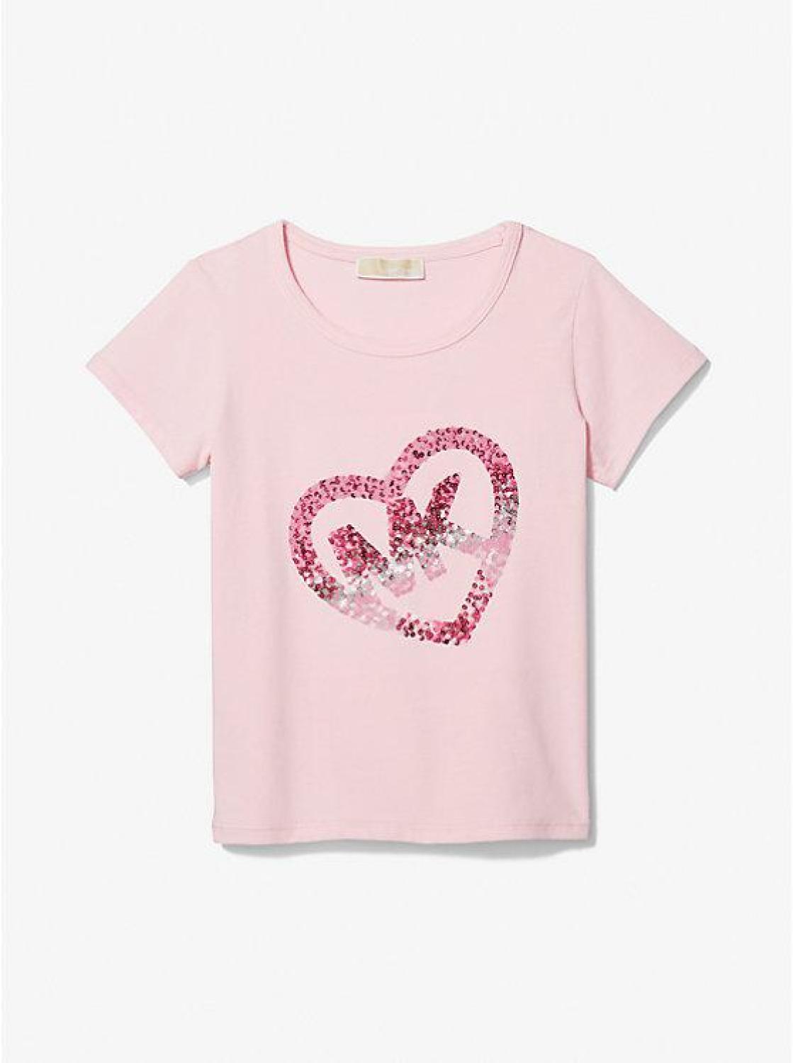 Stretch Cotton Sequined Logo Heart T-Shirt