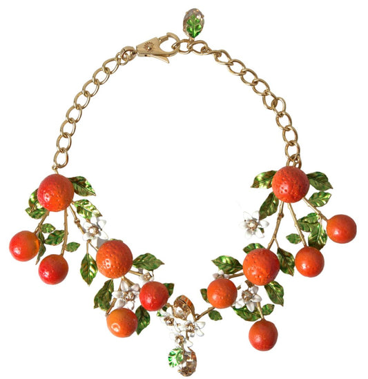 Dolce & Gabbana Gold Brass Oranges Flowers Crystal Chain Link Necklace