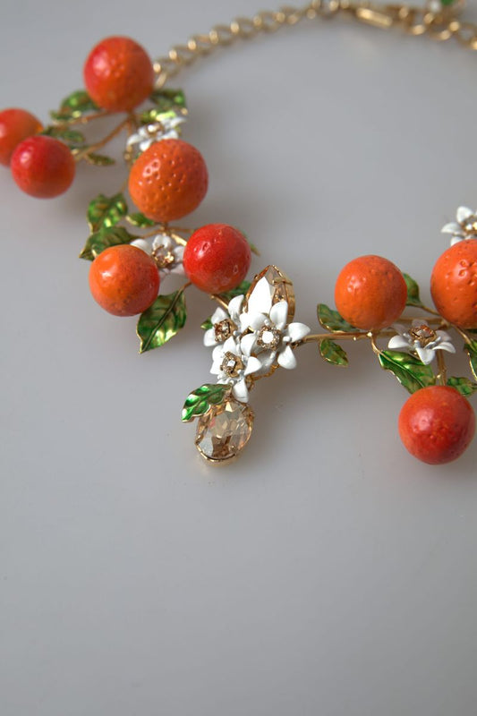 Dolce & Gabbana Gold Brass Oranges Flowers Crystal Chain Link Necklace