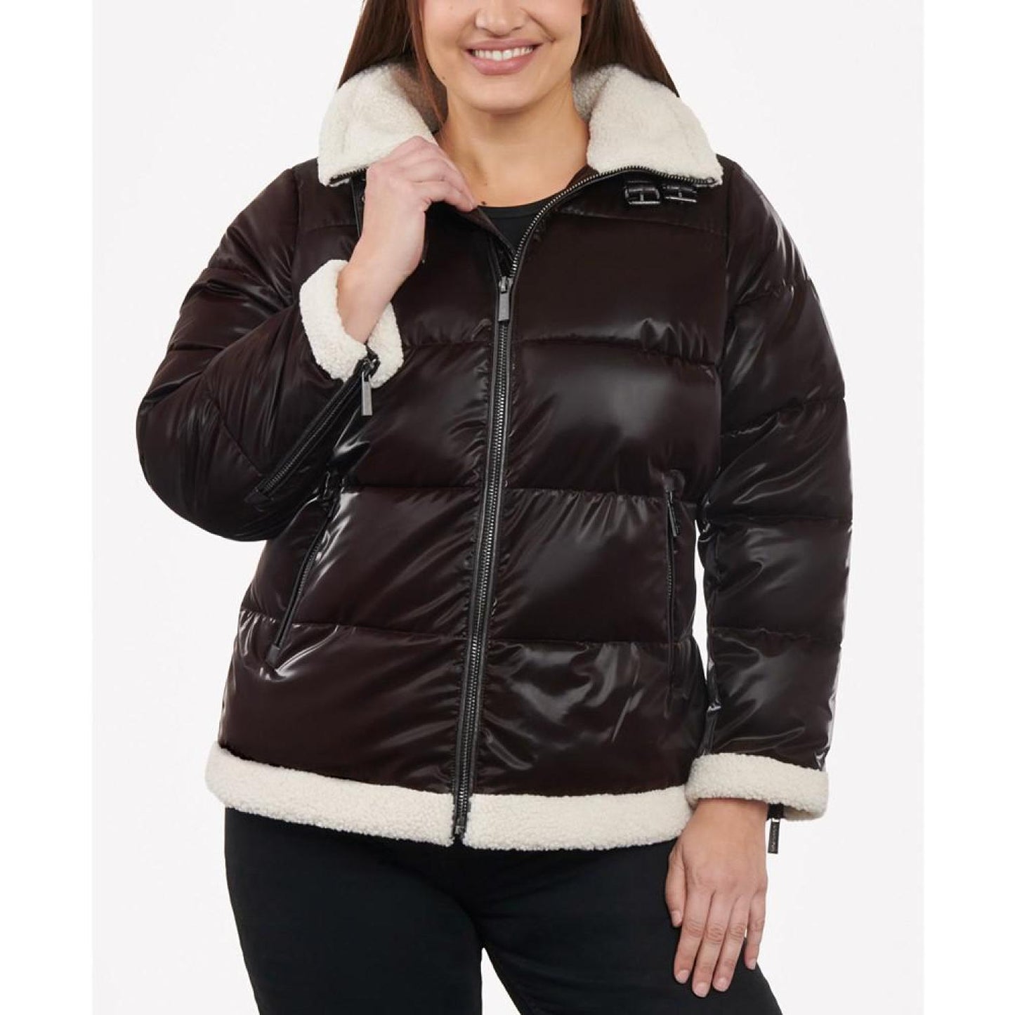 Women's Plus Size Faux-Shearling Shine Puffer Coat, Created for Macy's