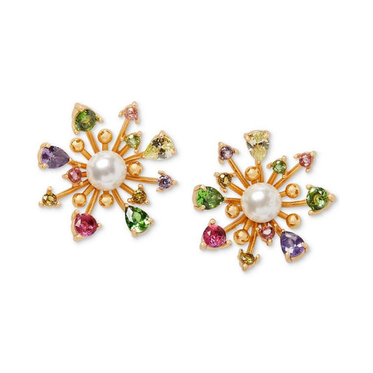 Gold-Tone Multicolor Cubic Zirconia & Imitation Pearl Flower Stud Earrings