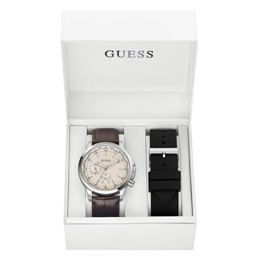 Men's Multi-Function Brown Genuine Leather Watch 44mm Gift Set