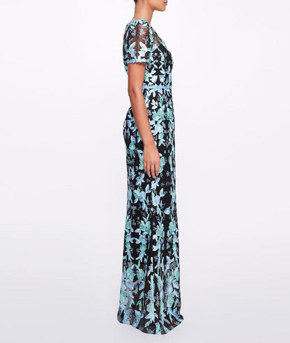 Short Sleeve Embroidered Tulle Gown