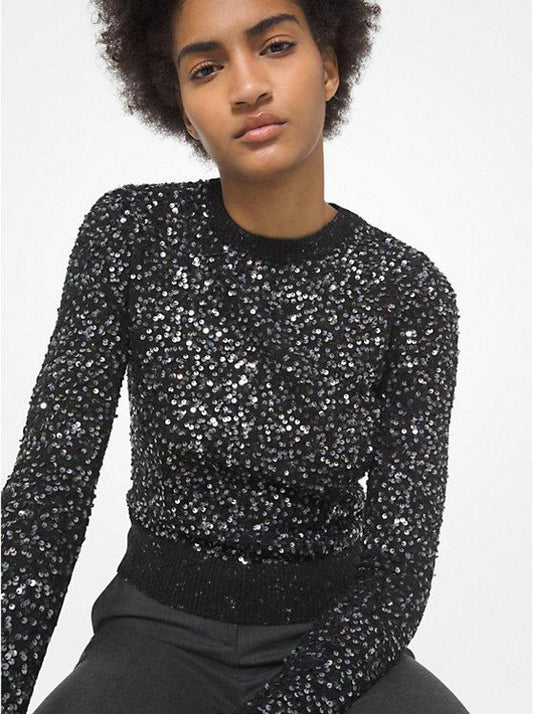 Sequined Tweed Crewneck Sweater
