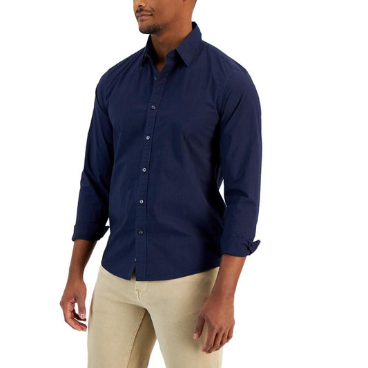 Men's Slim-Fit Solid Garment Dyed Long-Sleeve Button-Up Shirt