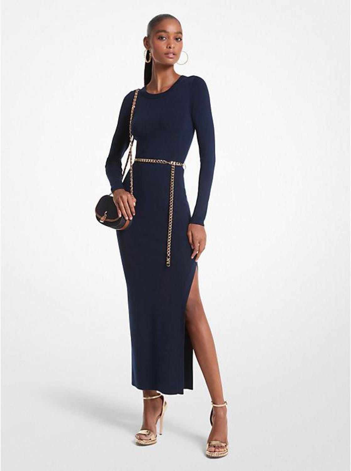 Wool Blend Belted Midi Dress