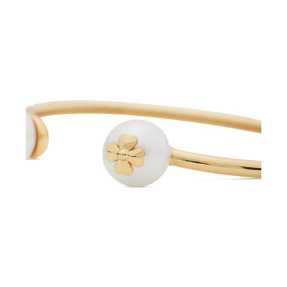 Gold-Tone Spade Flower Emblem Imitation Pearl Flex Cuff Bracelet