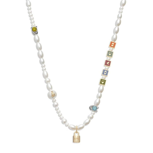 Faux Stone Signature Block Imitation Pearl Necklace