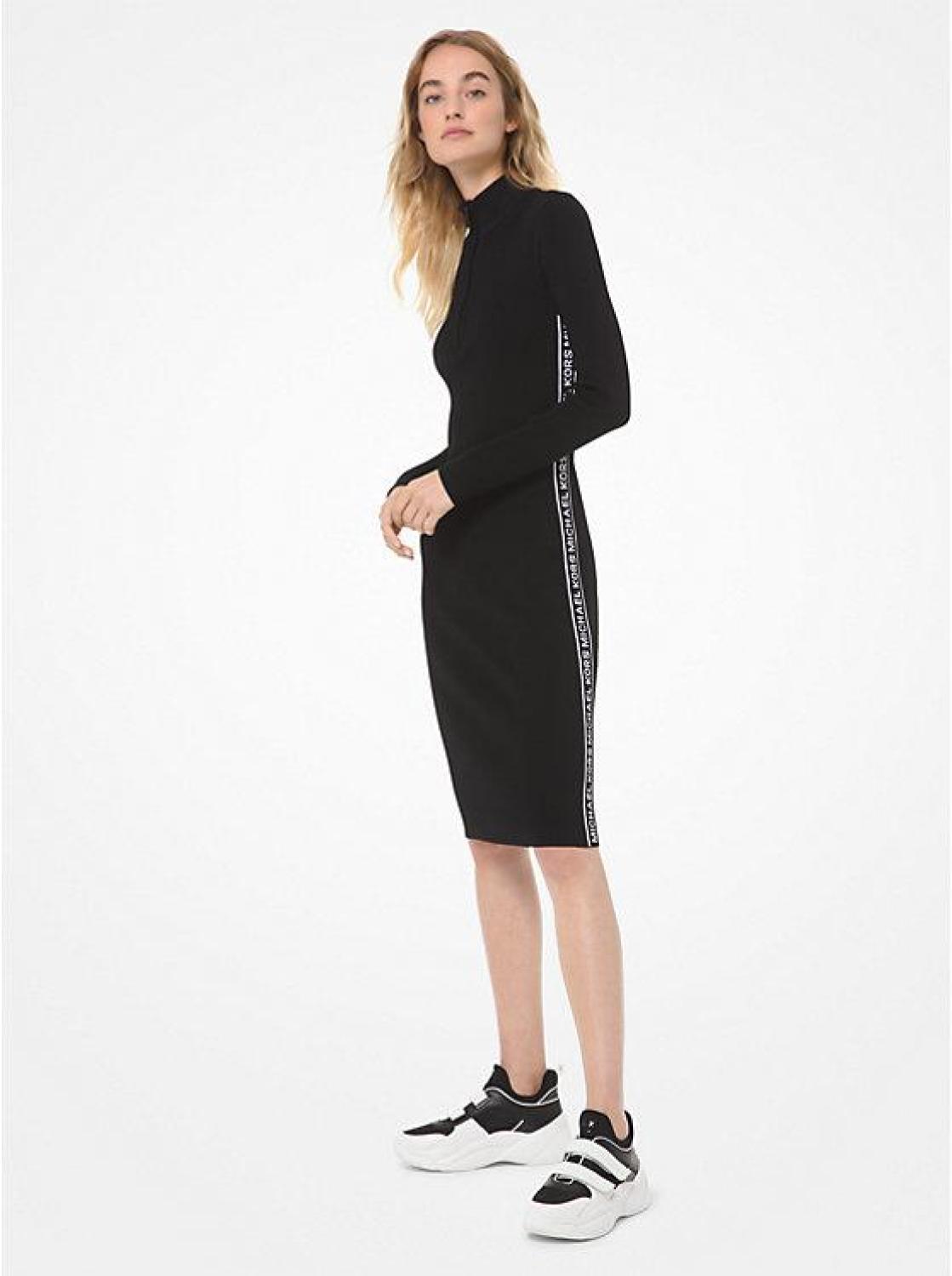 Logo Tape Ribbed Knit Zip Dress