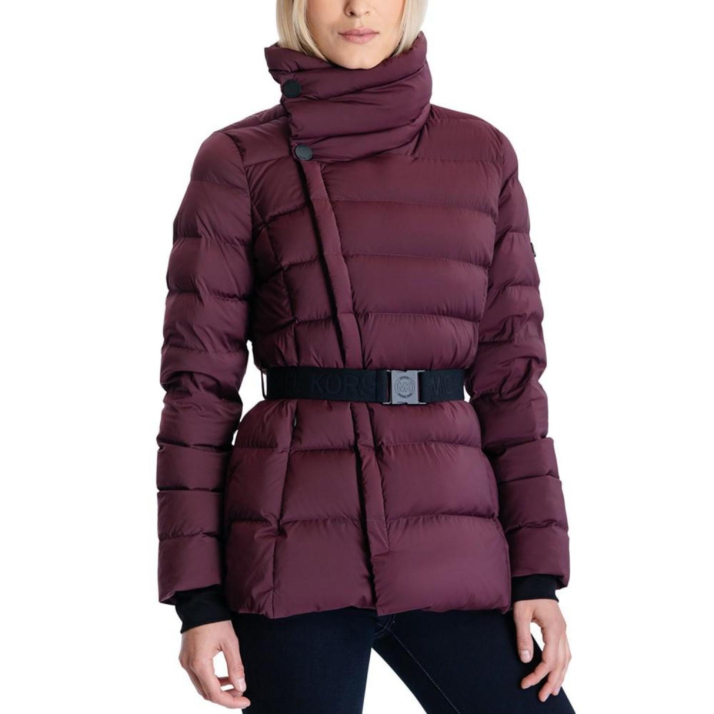 Women's Stretch Asymmetrical Belted Packable Down Puffer Coat