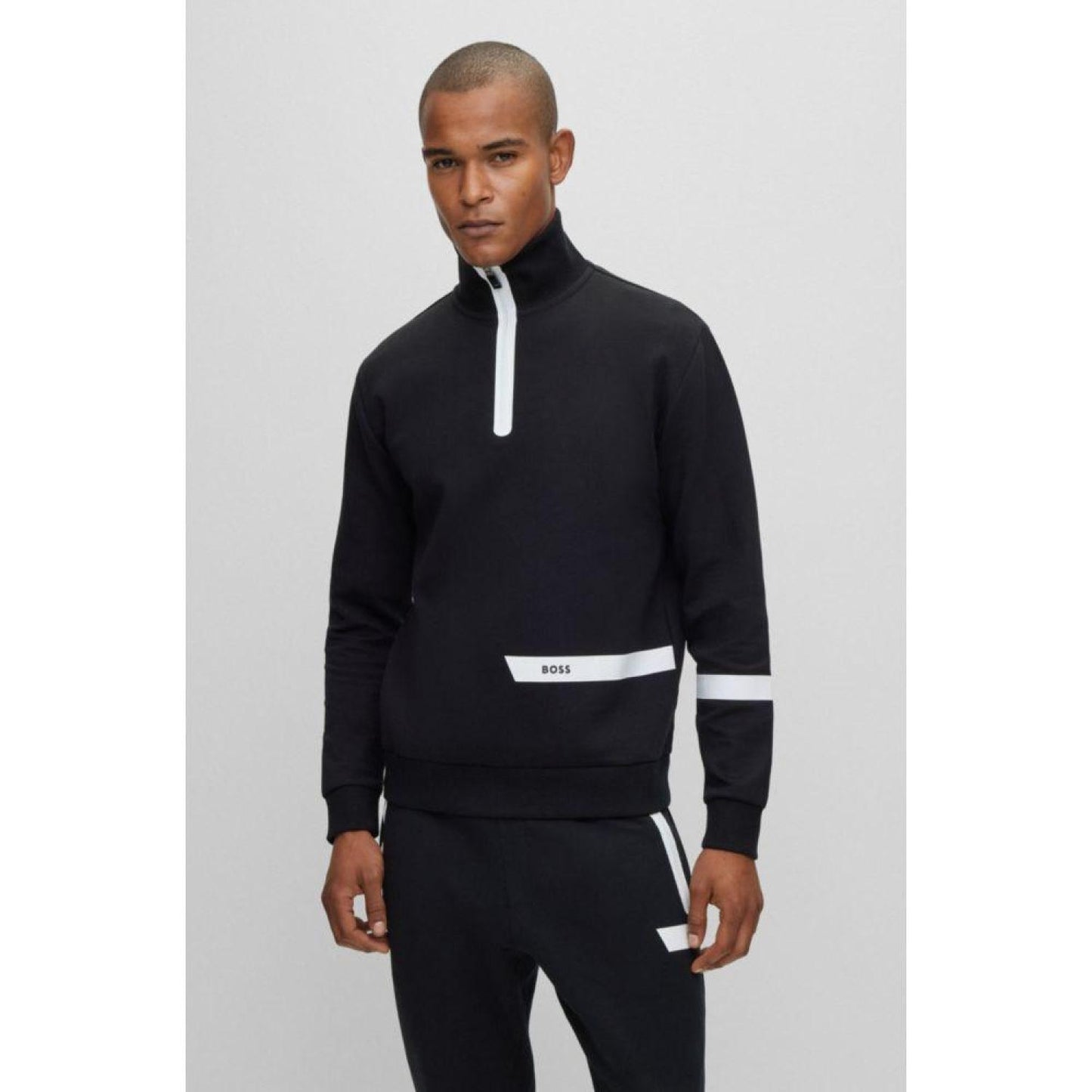 Cotton-blend zip-neck sweatshirt with logo stripe