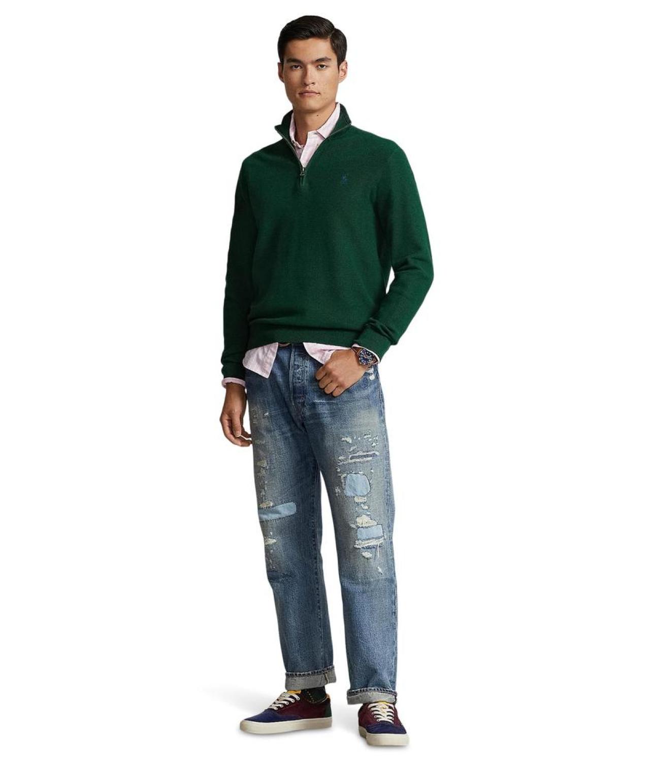 Mesh-Knit Cotton 1/4 Zip Sweater