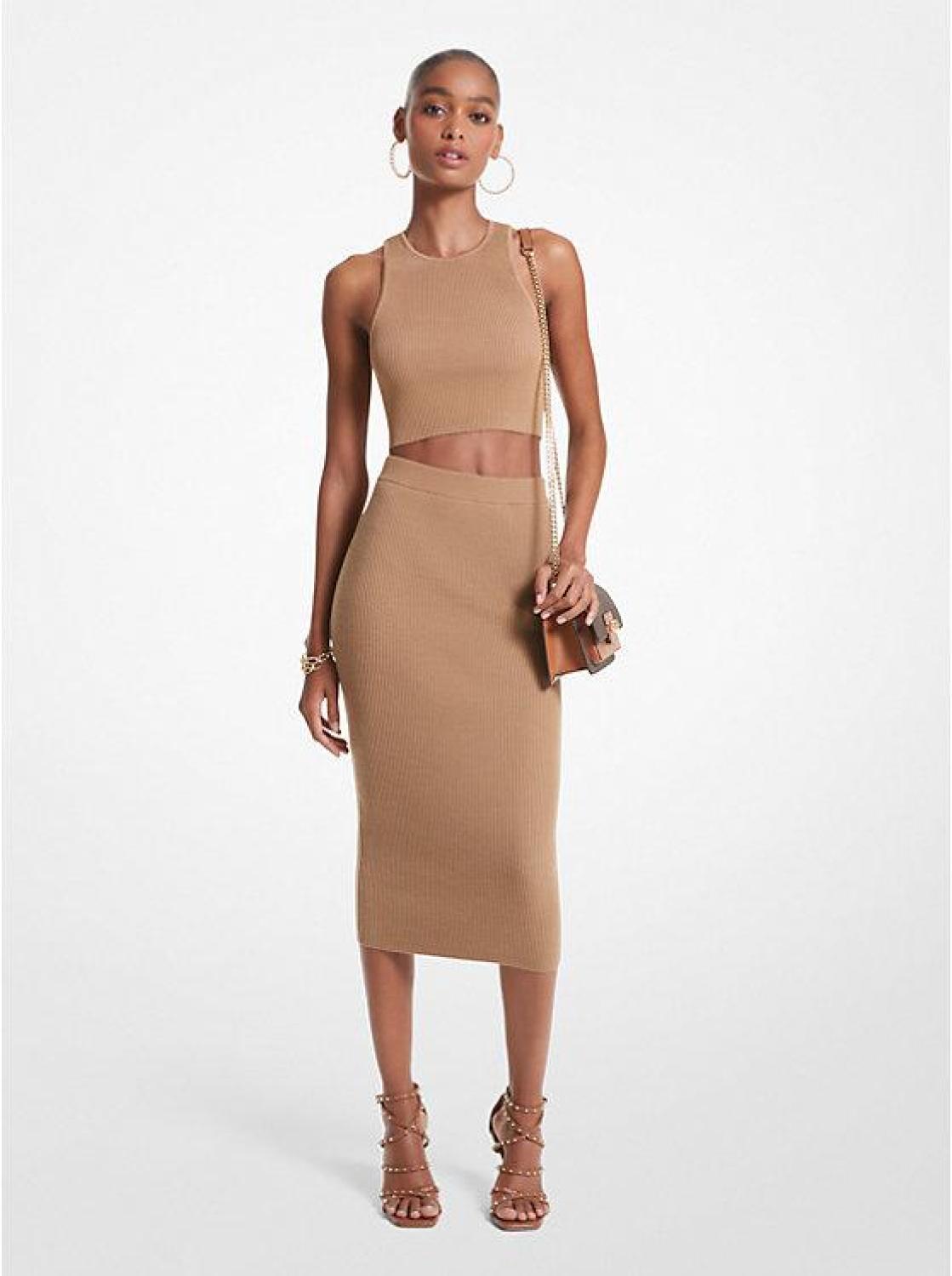 Ribbed Merino Wool Blend Pencil Skirt