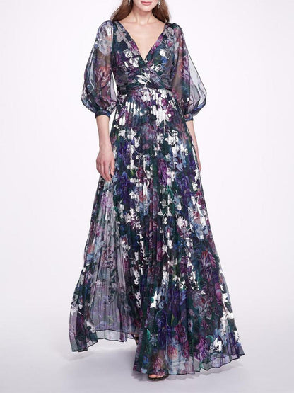 Pleated Printed Chiffon Gown