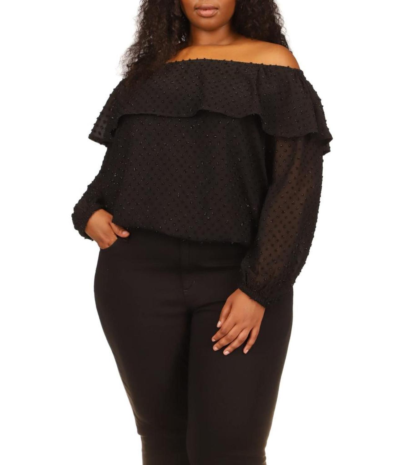 Plus Size Clip Chiffon Off Shoulder Top