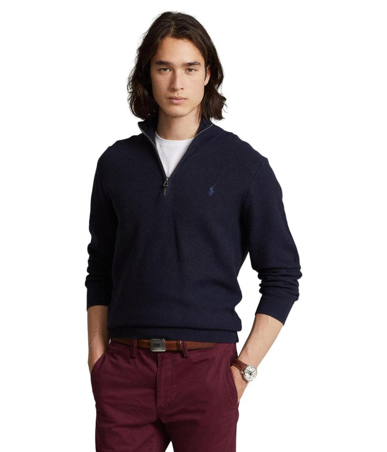 Mesh-Knit Cotton 1/4 Zip Sweater