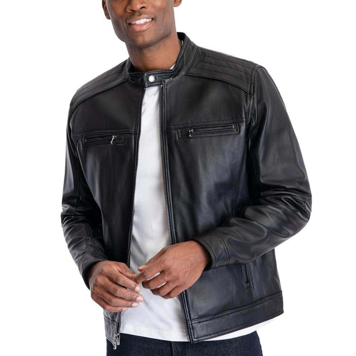 Men's Perforated Leather Moto Jacket, Created for Macy's