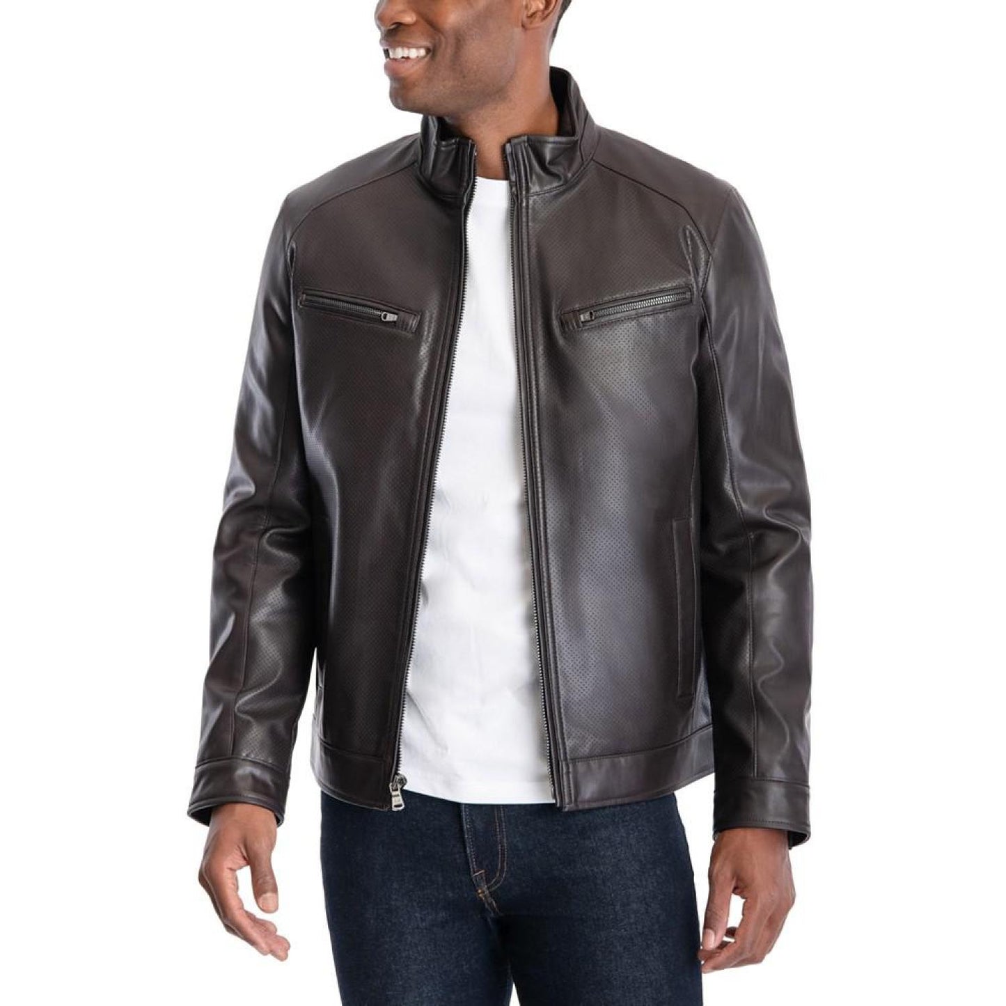 Men's Perforated Faux Leather Moto Jacket, Created for Macy's