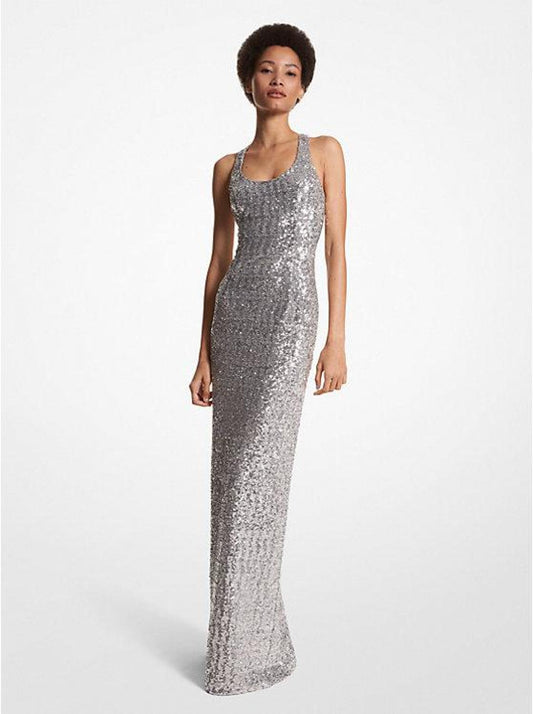 Paillette Embroidered Stretch Tulle Racerback Gown