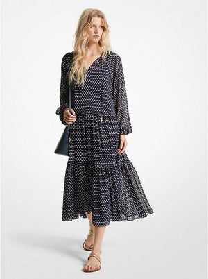 mini dot-print georgette tiered dress Polka Dot Georgette Tiered Midi Dress