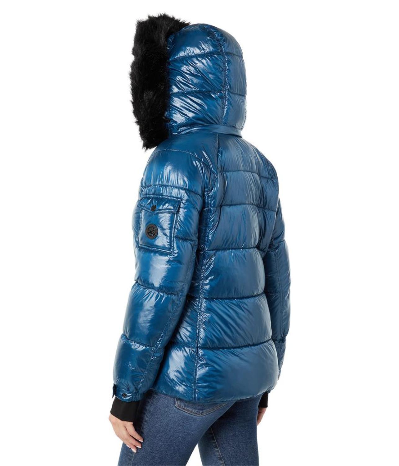 Short Puffer with Faux Fur Trim Hood Jacket M425739QZ