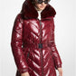 Faux Fur Trim Chevron Quilted Nylon Belted Puffer Coat