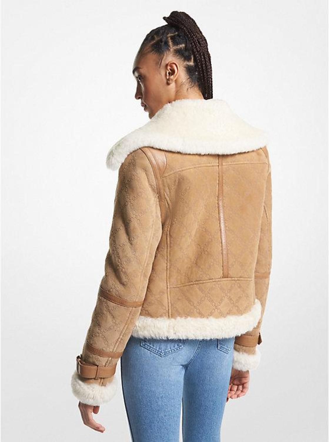 Empire Logo Embossed Suede and Shearling Flight Jacket