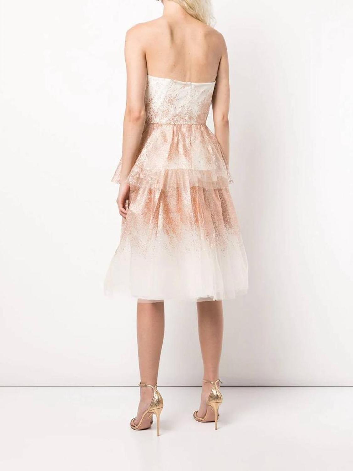 Glitter-Tulle Tiered Strapless Gown In Ivory