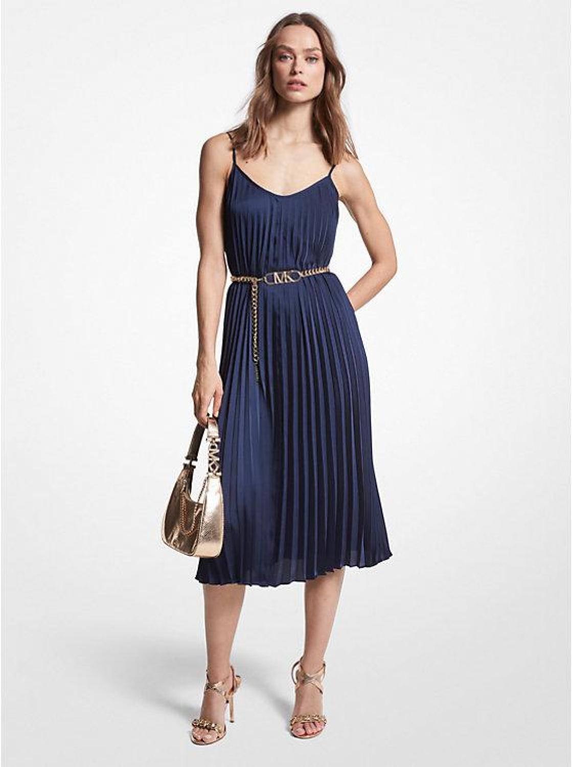 Pleated Satin Belted Slip Dress