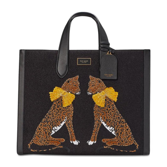 Manhattan Lady Leopard Embroidered Fabric Large Tote