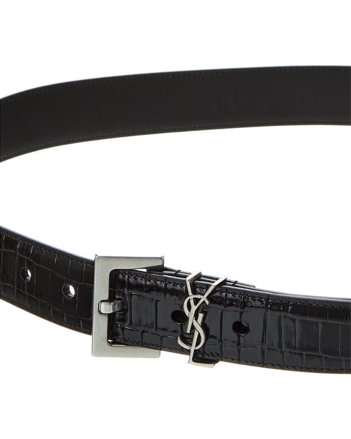 Saint Laurent Monogram Croc-Embossed Leather Belt