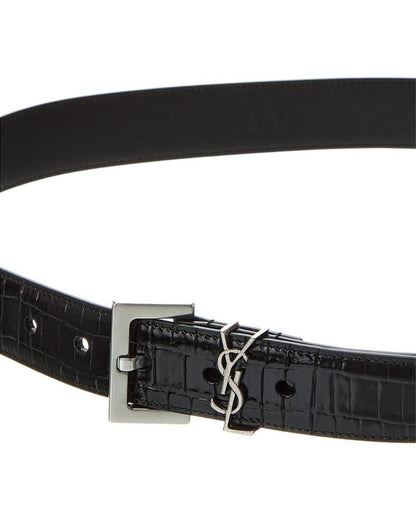 Saint Laurent Monogram Croc-Embossed Leather Belt