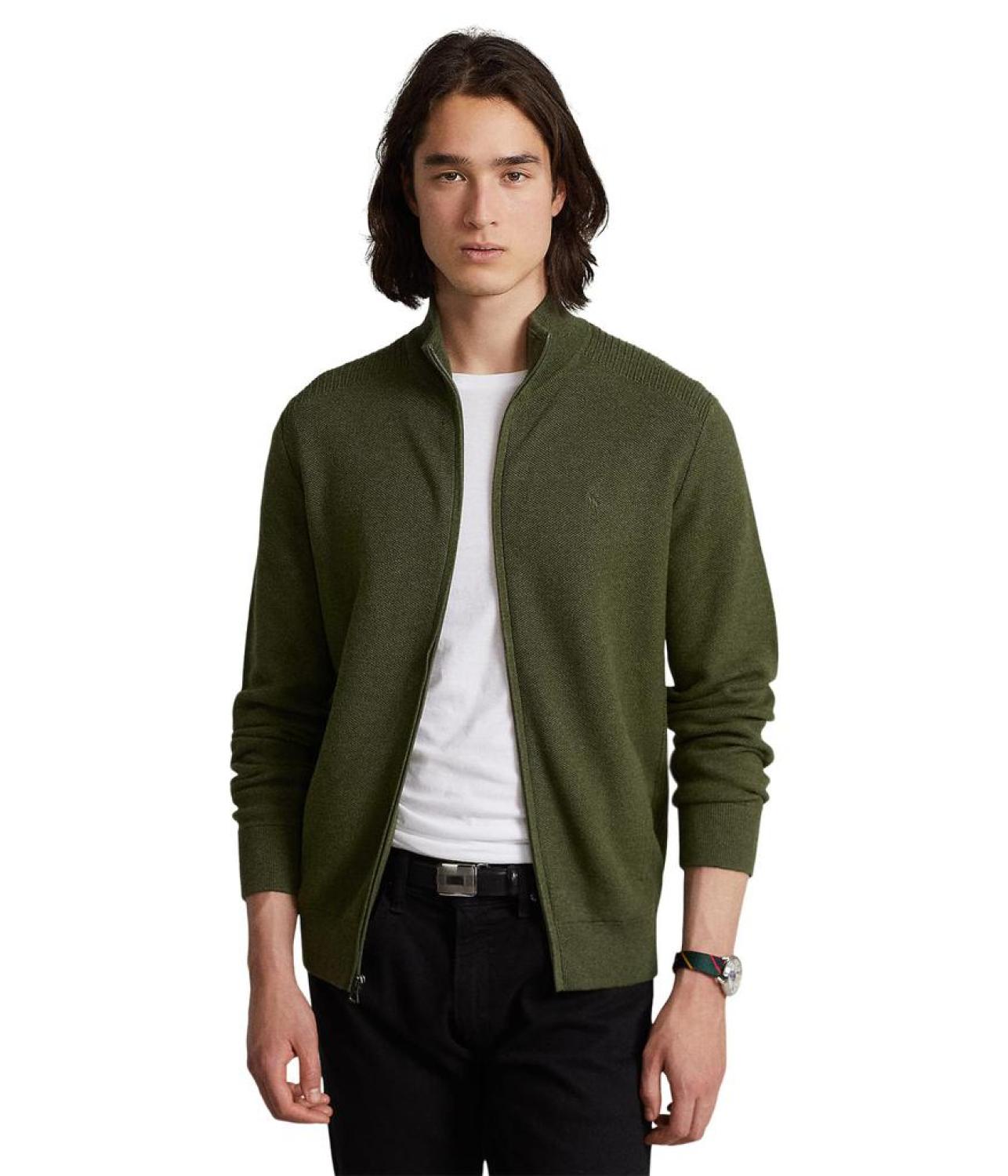 Mesh-Knit Cotton Full Zip Sweater