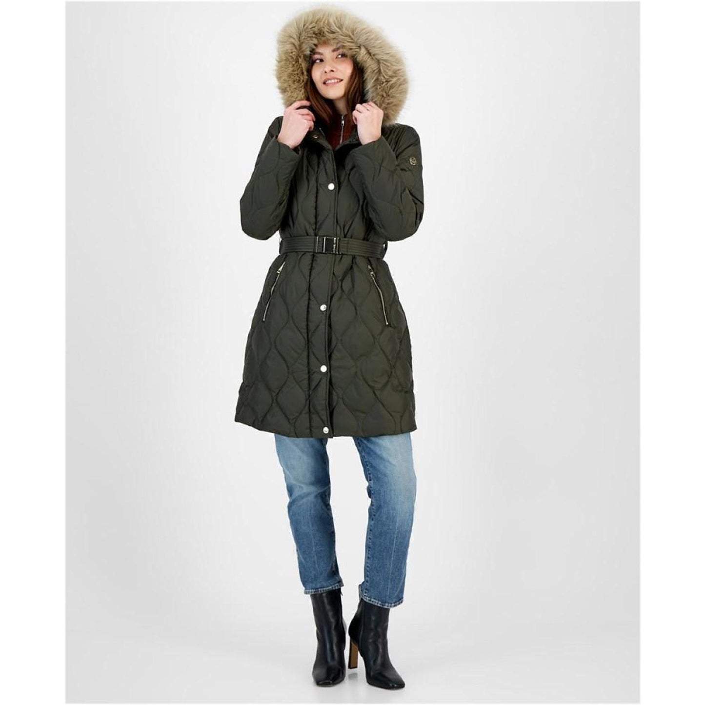 Women's Belted Faux-Fur-Trimmed Hooded Puffer Coat