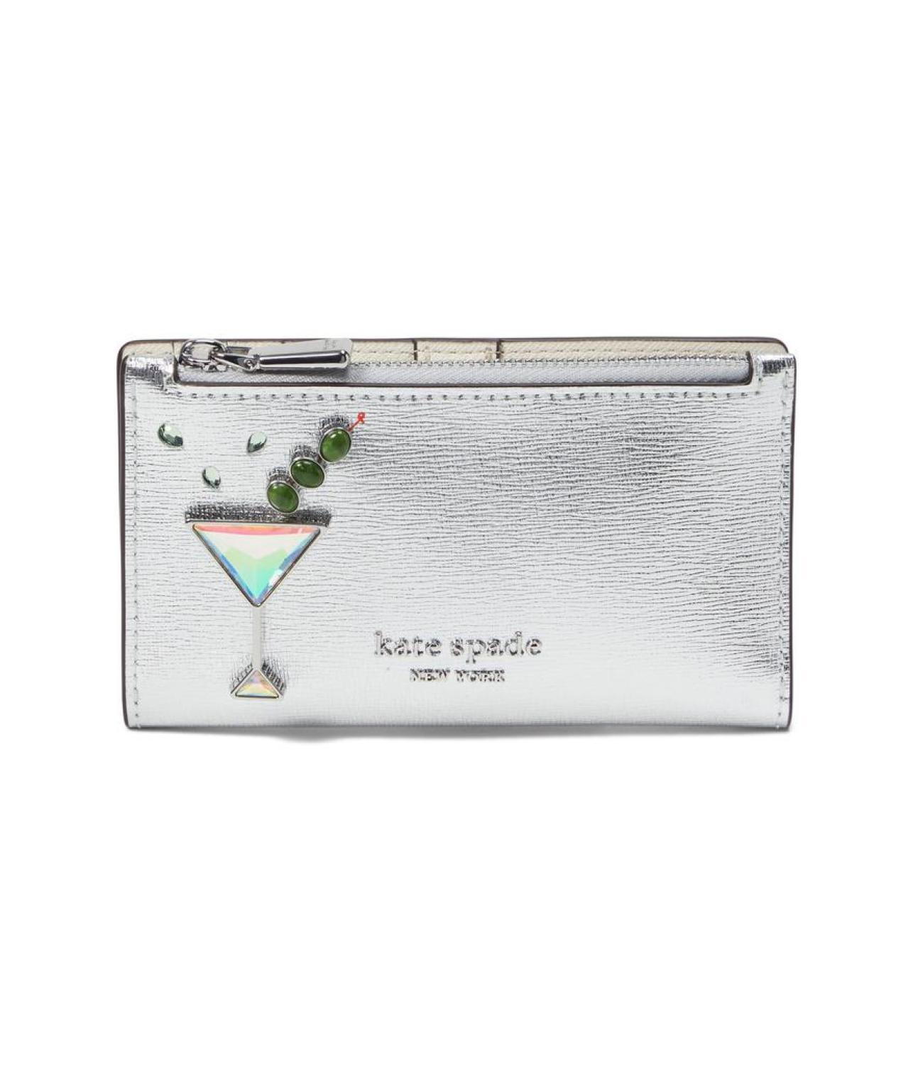 Shaken Not Stirred Embellished Metallic Saffiano Small Slim Bifold Wallet