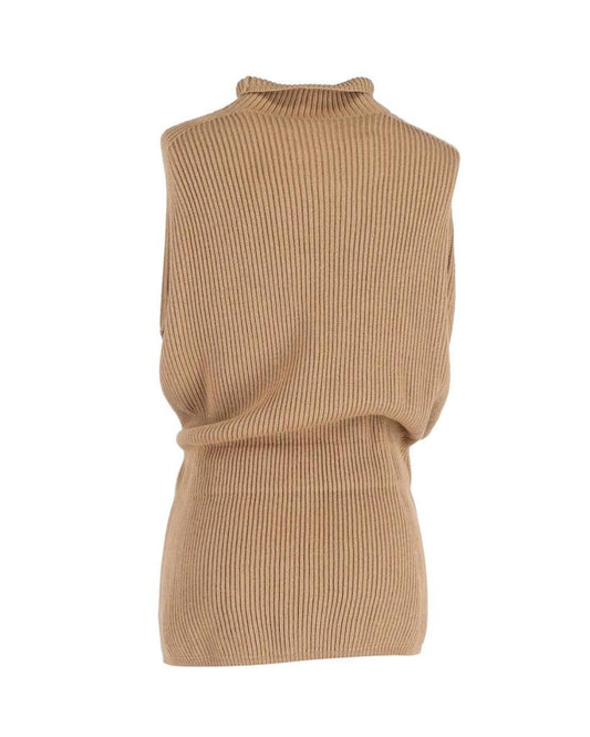 Max Mara Ribbed Sleeveless Sweater with Belt in Beige Wool