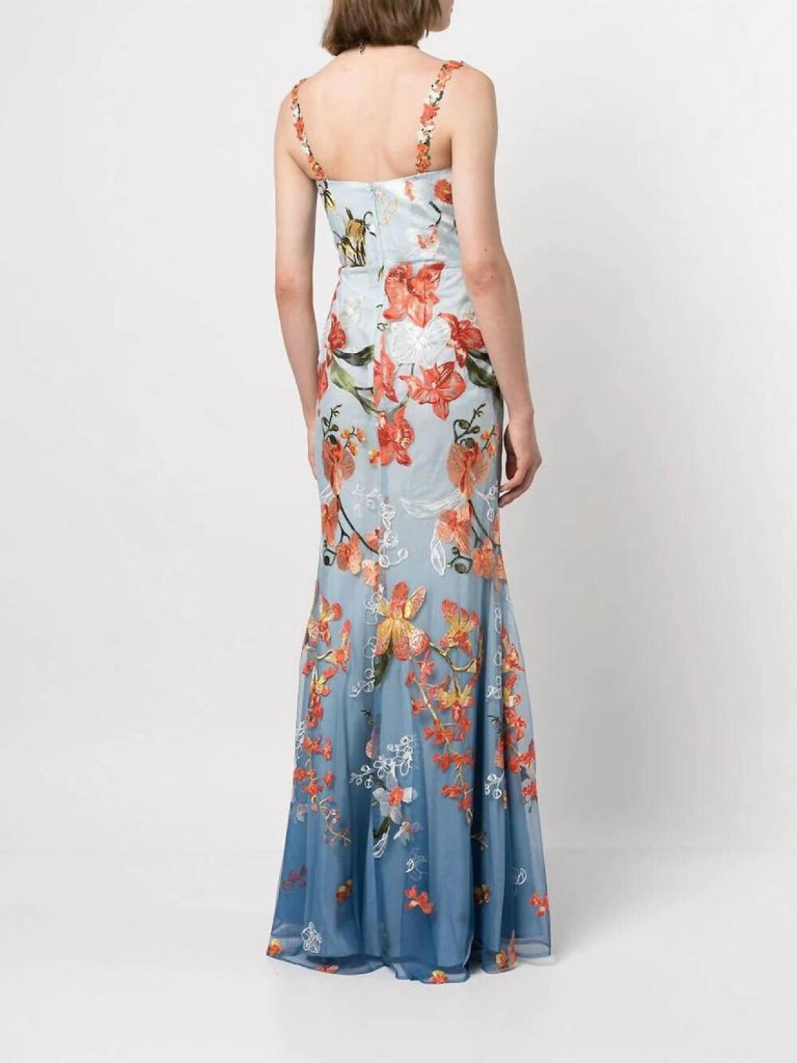 Ombré Embroidered Tulle Mermaid Gown In Dusty Blue