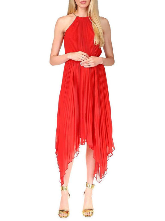 Womens Shutter Pleat Midi Halter Dress