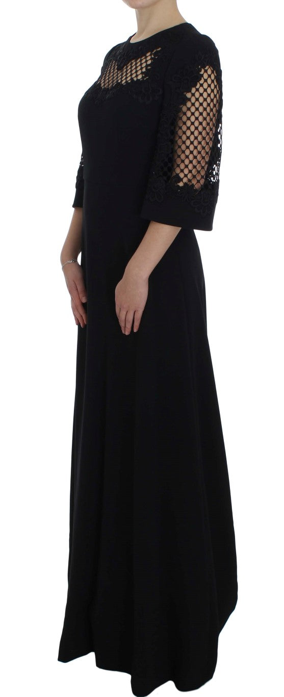 Dolce & Gabbana Black Ricamo Wool Stretch Maxi Dress