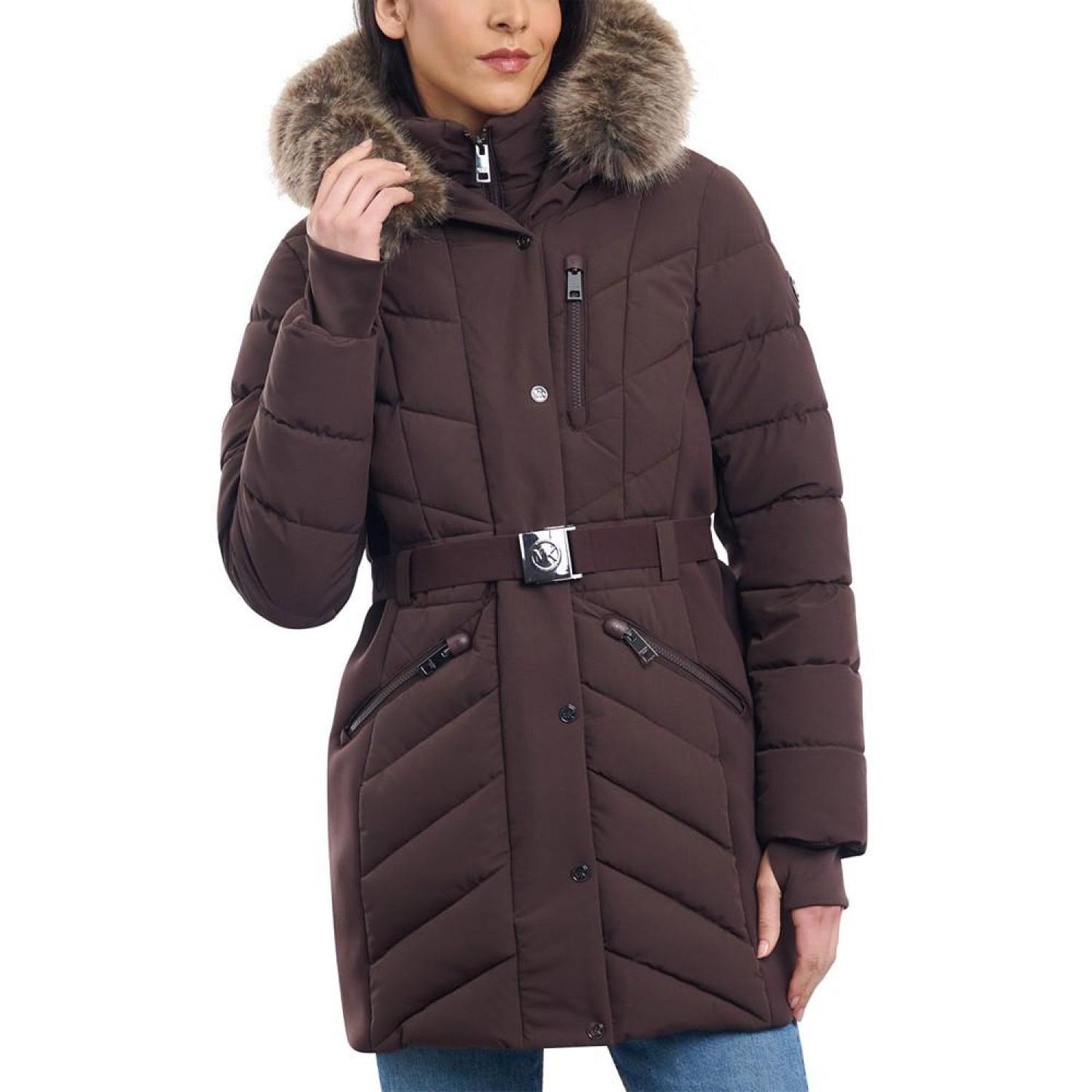 Women's Belted Faux-Fur-Trim Hooded Puffer Coat