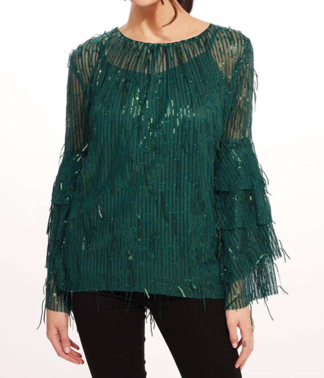 Sequin Fringe Top In Glitter Pine