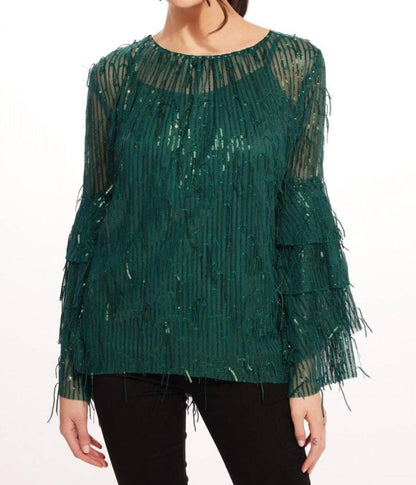Sequin Fringe Top In Glitter Pine