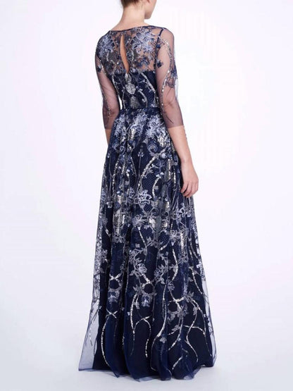 Embroidered-Tulle Boatneck Gown In Navy